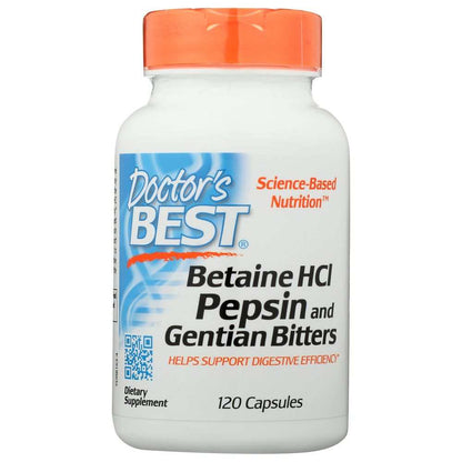 Betaine HCl Pepsin and Gentian Bitters dietary supplement bottle, 120 capsules