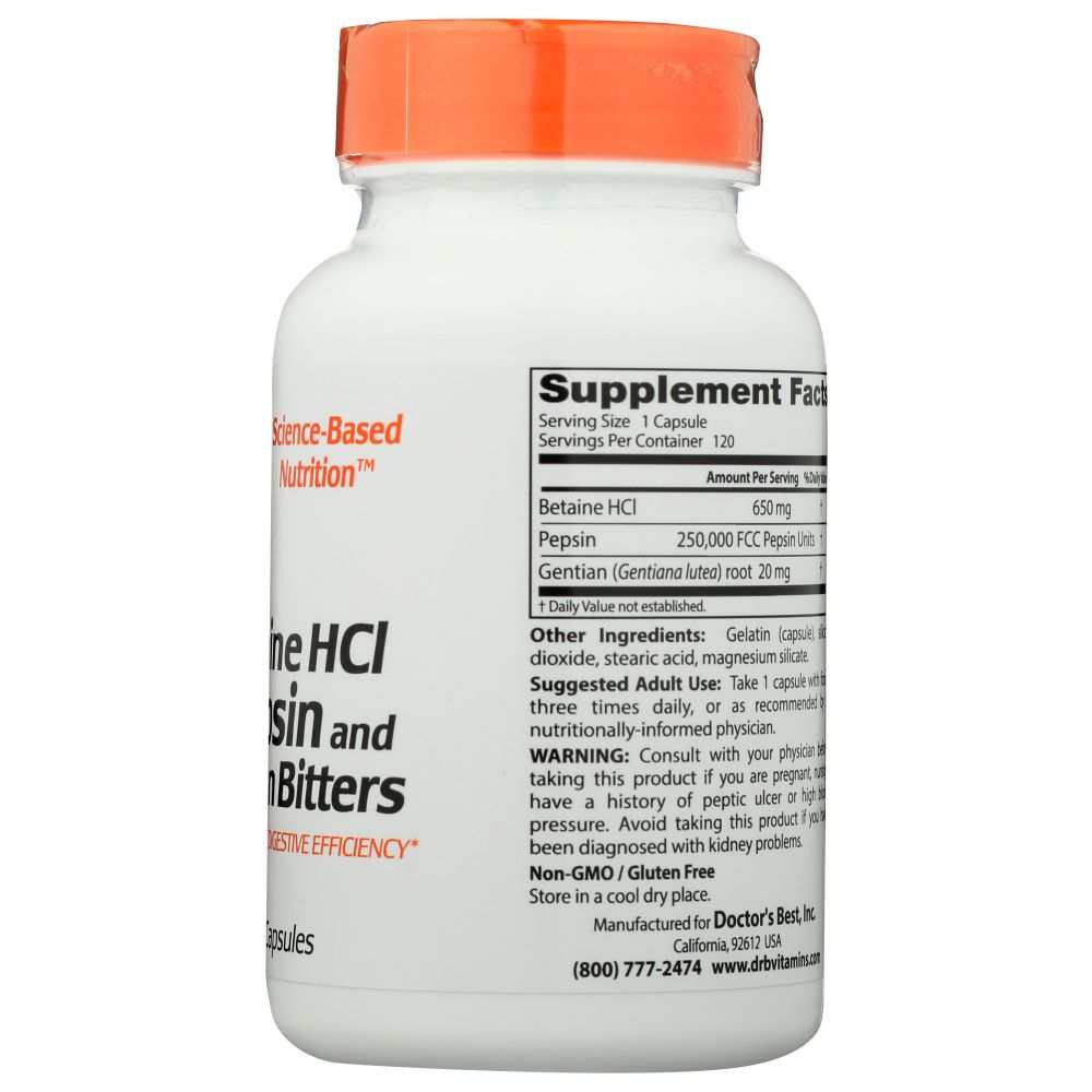 White supplement bottle with orange cap and detailed nutrition label, pepsin digestive capsules