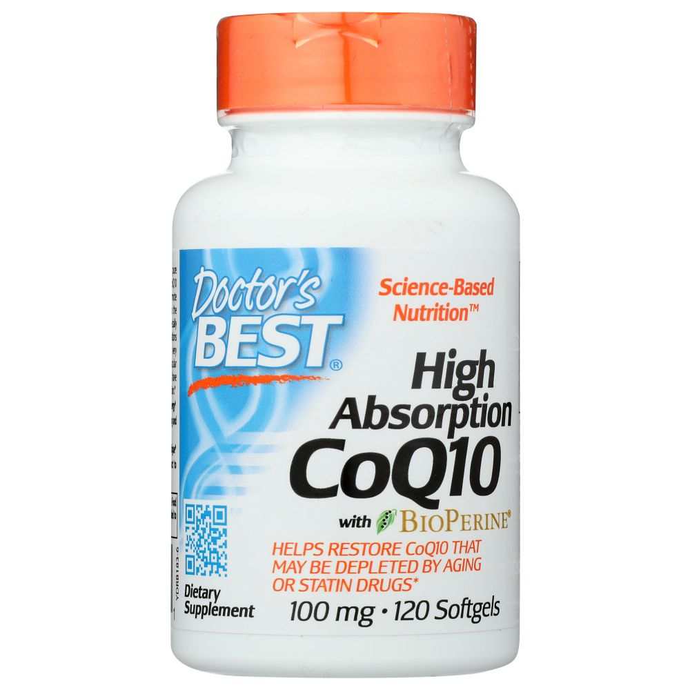 Doctor's Best High Absorption CoQ10 with BioPerine dietary supplement bottle, 100mg, 120 softgels