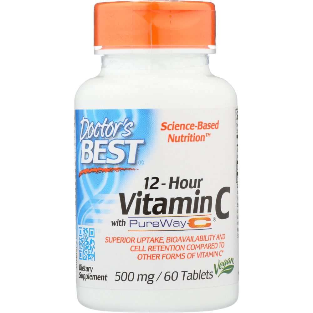 Doctor's Best 12-hour Vitamin C 500mg vegan tablets bottle, dietary supplement