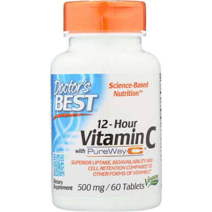 Doctor's Best 12-hour Vitamin C 500mg vegan tablets bottle, dietary supplement