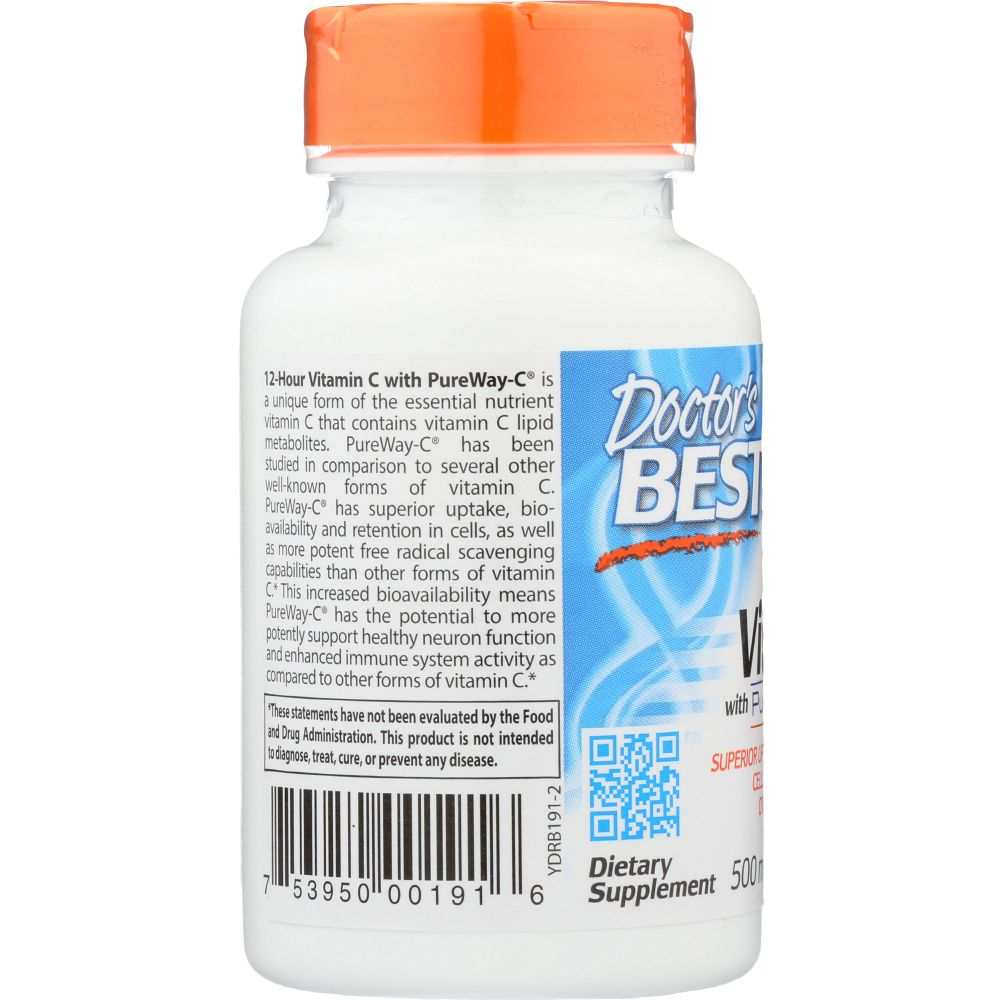 Vitamin C dietary supplement bottle with orange cap and product information label
