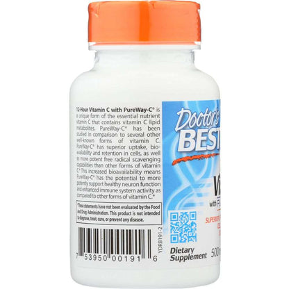 Vitamin C dietary supplement bottle with orange cap and product information label