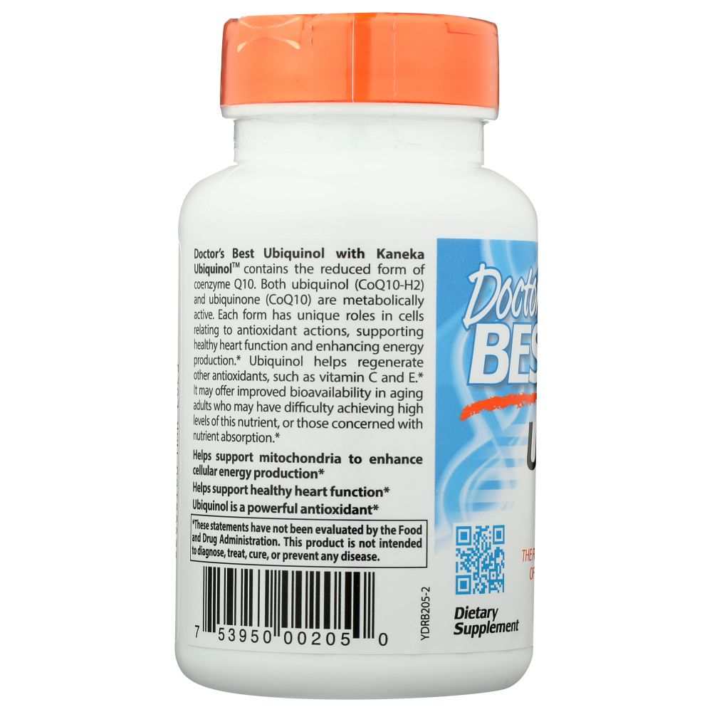 Doctor's Best Ubiquinol supplement bottle with orange cap and nutrition label visible