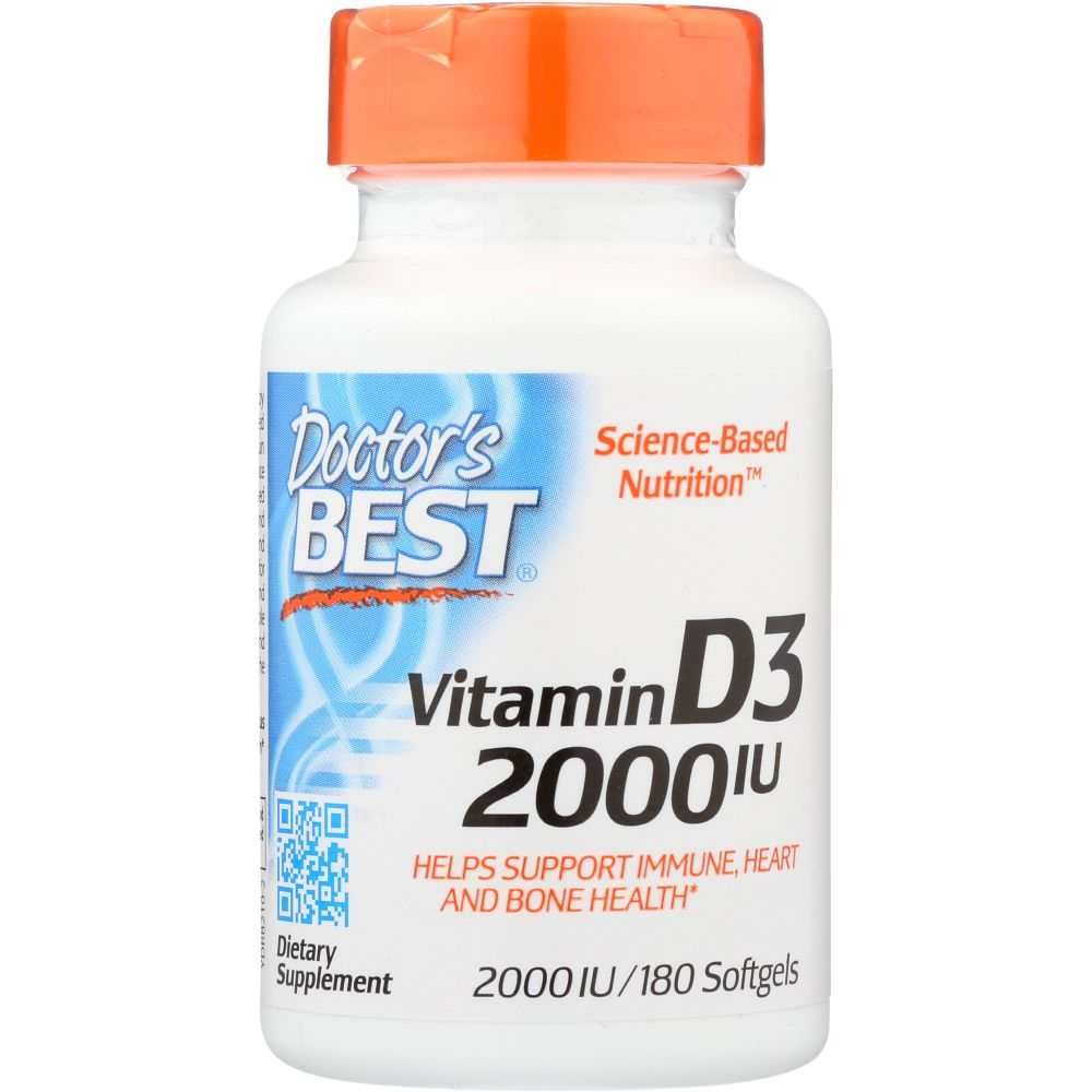 Doctor's Best Vitamin D3 2000 IU supplement bottle with orange cap, 180 softgels