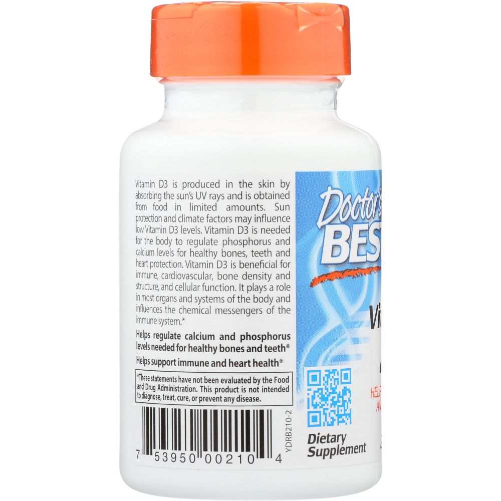 Doctor's Best Vitamin D3 supplement bottle with orange cap, back label text and barcode visible.