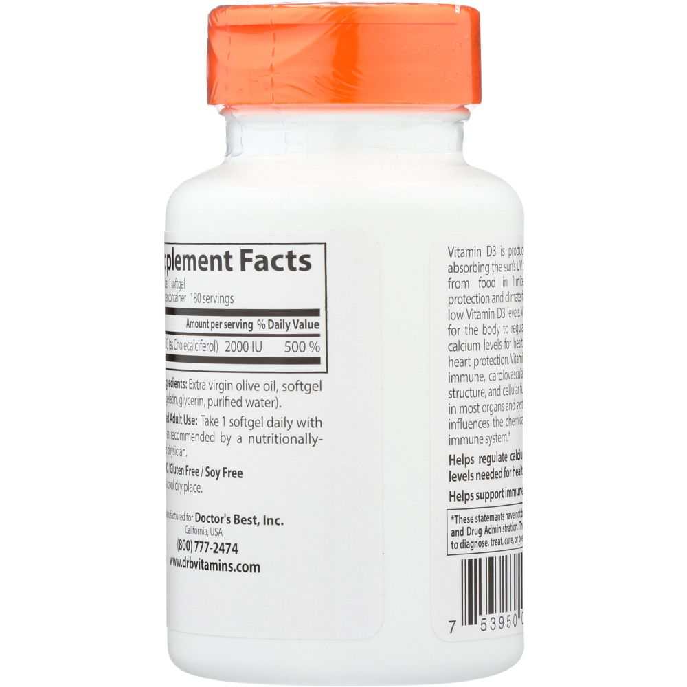 Vitamin D3 supplement bottle with orange cap and visible nutrition facts label