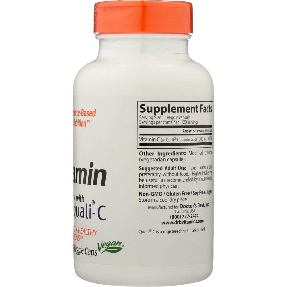 Vitamin C supplement bottle with orange cap, nutrition facts label, and vegan certification