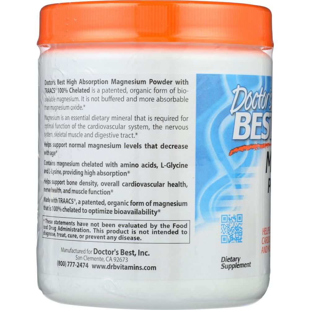 Doctor’s Best High Absorption Magnesium Powder supplement container with orange lid and product information label.
