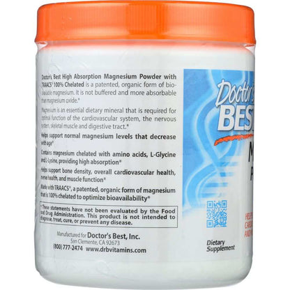 Doctor’s Best High Absorption Magnesium Powder supplement container with orange lid and product information label.