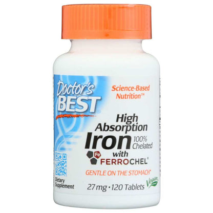 Doctor's Best High Absorption Iron dietary supplement bottle, 27mg, 120 vegan tablets
