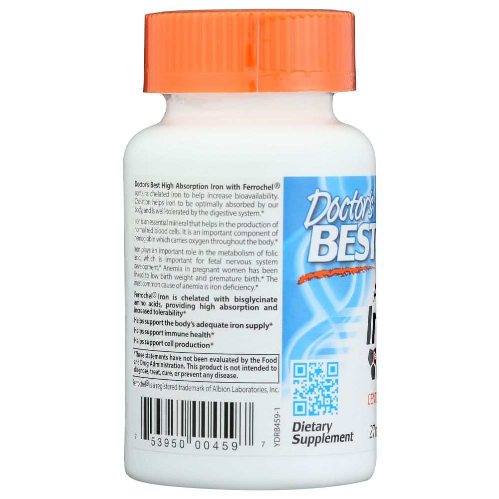 Doctor's Best iron supplement bottle with orange cap and detailed product label