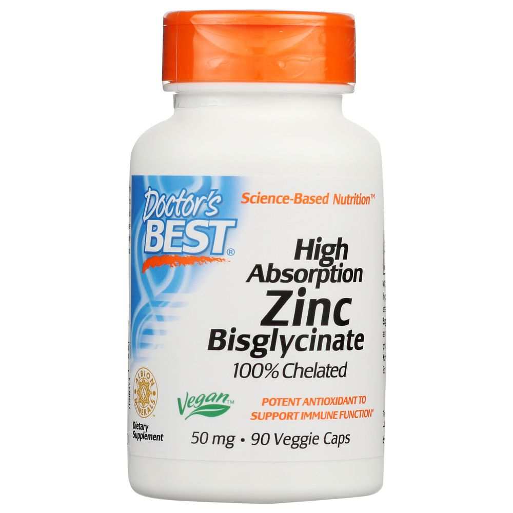 DOCTORS BEST High Absorption Zinc Bisglycinate 50mg supplement bottle with 90 capsules for immune support