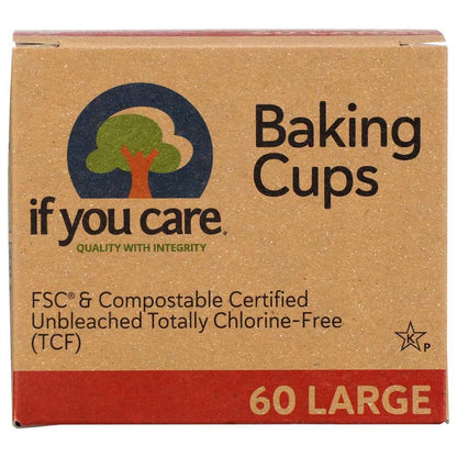 Box of large FSC compostable unbleached baking cups, 60 count, eco-friendly packaging.