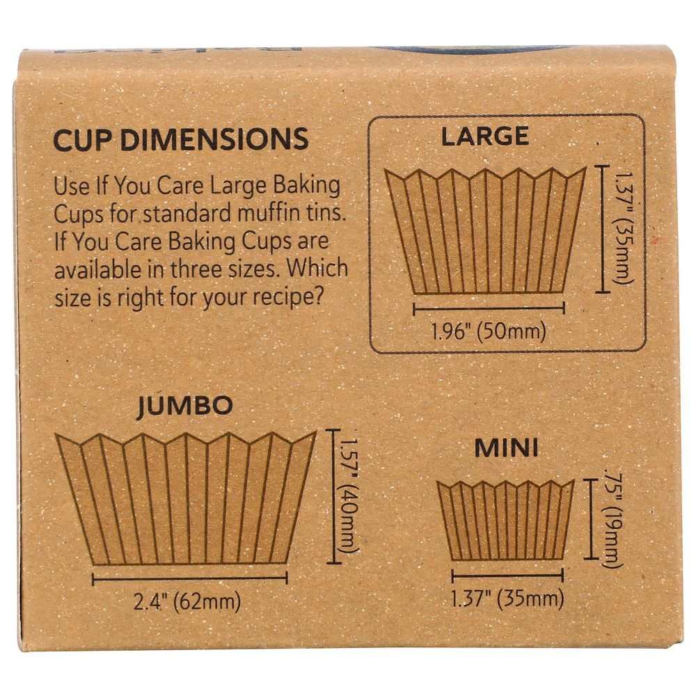 Baking cup size chart showing dimensions for jumbo, large, and mini muffin cups.