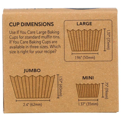 Baking cup size chart showing dimensions for jumbo, large, and mini muffin cups.