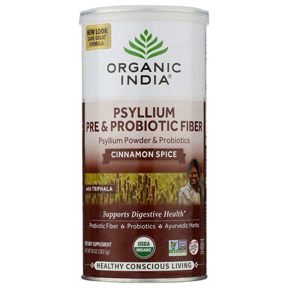 Organic India Psyllium Pre & Probiotic Fiber Cinnamon Spice supplement can, labeled USDA organic, with prebiotic fiber and probiotics.