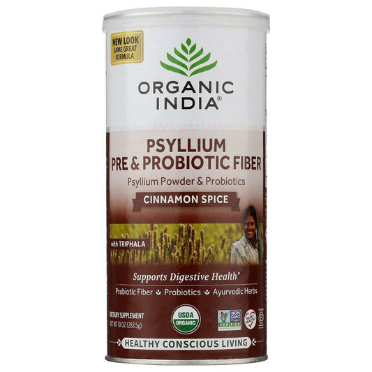 Organic India Psyllium Pre & Probiotic Fiber Cinnamon Spice supplement can, labeled USDA organic, with prebiotic fiber and probiotics.