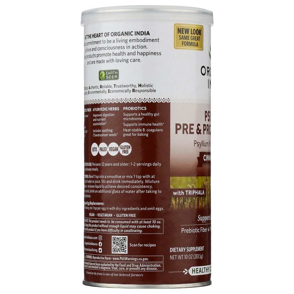 Back label of organic prebiotic and probiotic fiber supplement with cinnamon and triphala, dietary supplement canister.