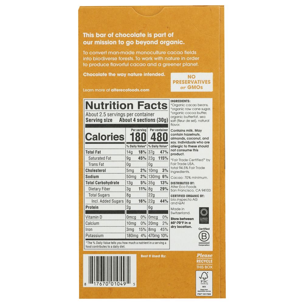 ALTER ECO: Organic Chocolate Dark Salted Brown Butter, 2.82 oz - SMART GREENS