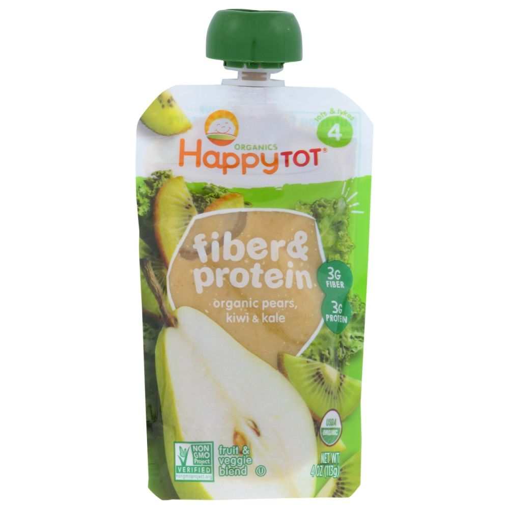 Pouch of Happy Tot organic pears, kiwi, and kale baby food, fiber and protein blend.