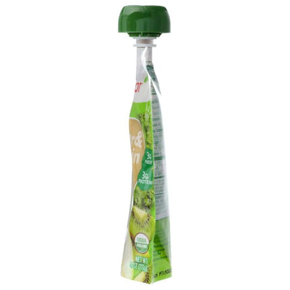 Side view of organic green fruit puree pouch with a kiwi image and green cap