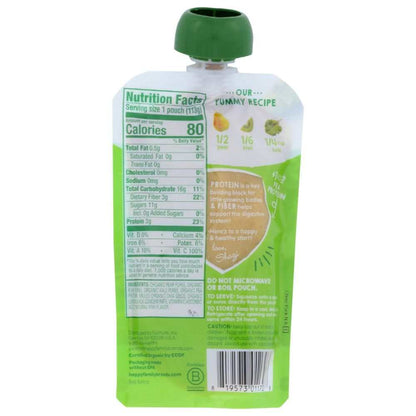 Back of a green organic baby food pouch showing nutrition facts, ingredients, and serving information.