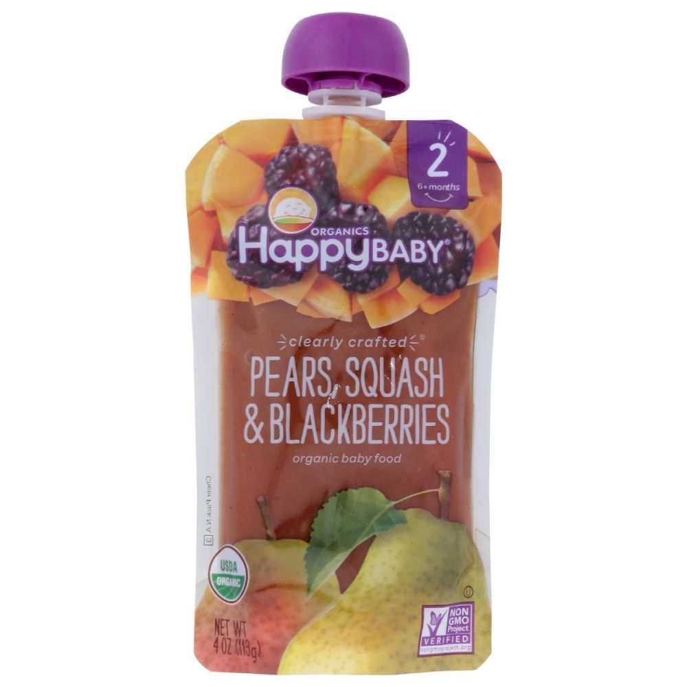 Organic baby food pouch with pears, squash, and blackberries, suitable for 6+ months