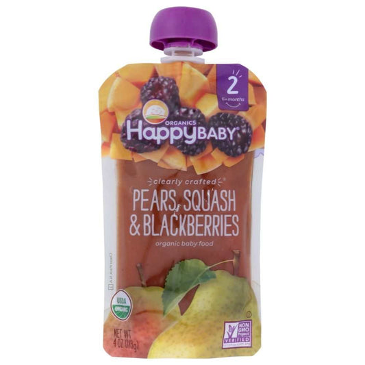Organic baby food pouch with pears, squash, and blackberries, suitable for 6+ months