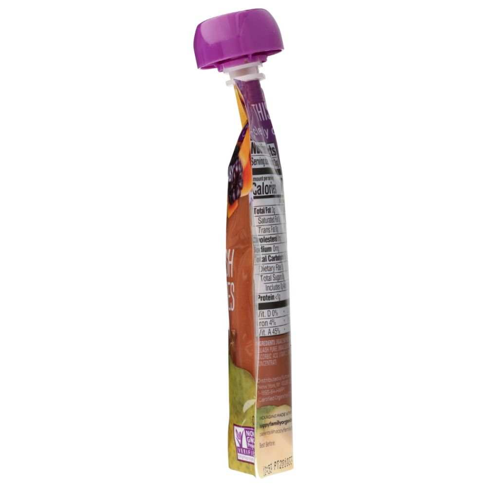 Side view of fruit puree pouch with nutrition facts and purple cap