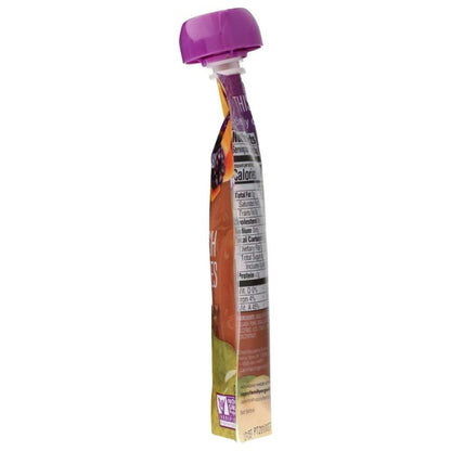 Side view of fruit puree pouch with nutrition facts and purple cap