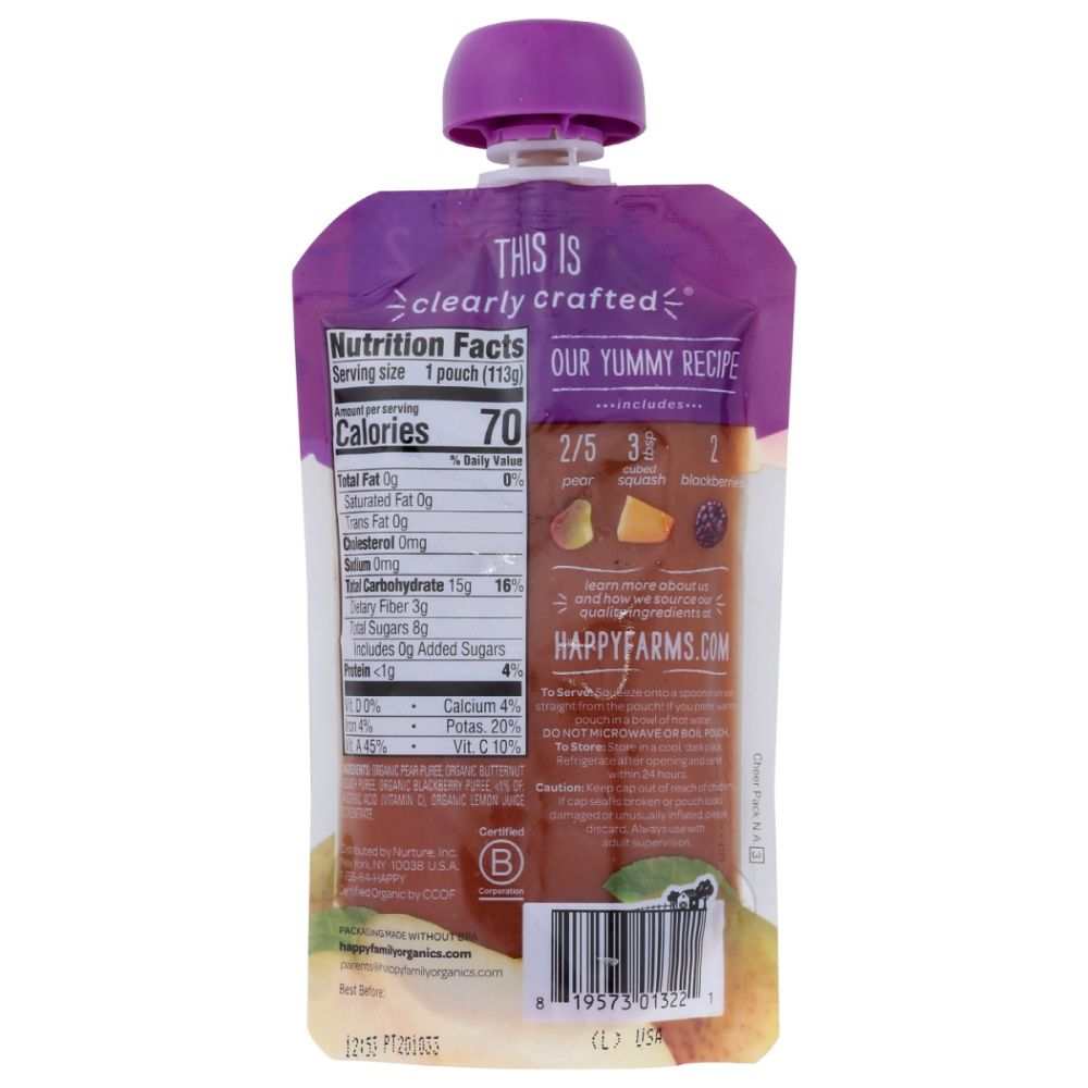 Back of baby food pouch with nutrition facts and ingredients including pear, squash, and blackberry
