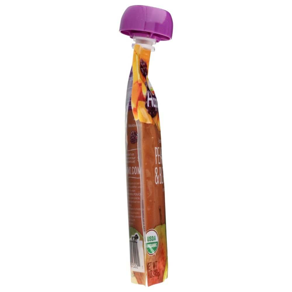 Side view of organic fruit puree pouch with purple cap, peach and berry label visible