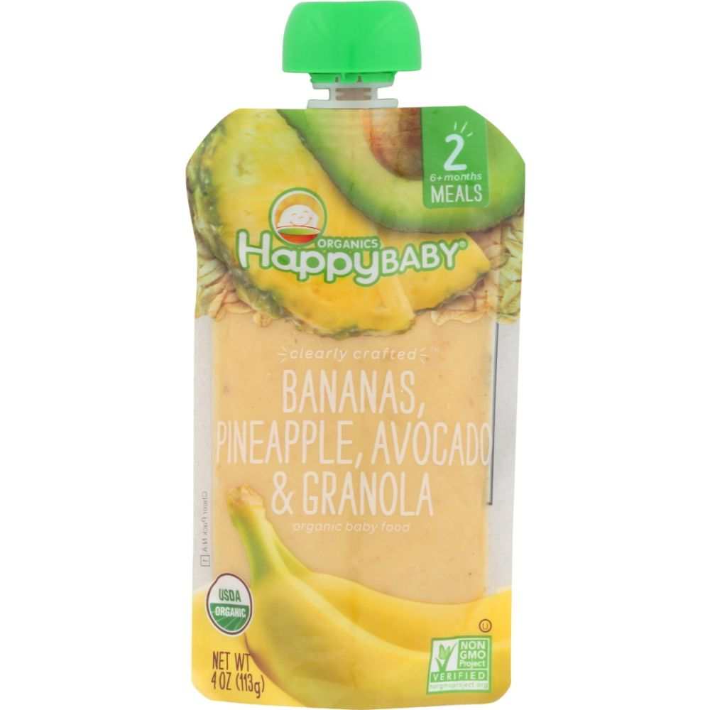 Organic baby food pouch with bananas, pineapple, avocado, granola, green cap, USDA label