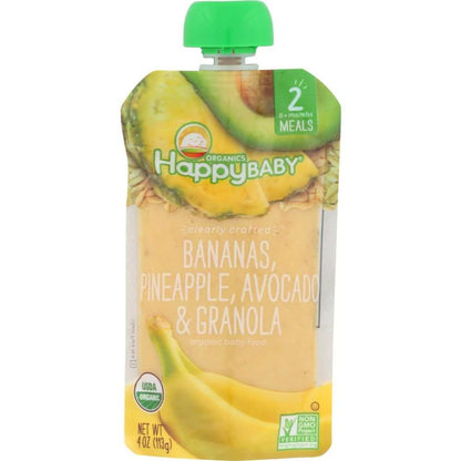 Organic baby food pouch with bananas, pineapple, avocado, granola, green cap, USDA label