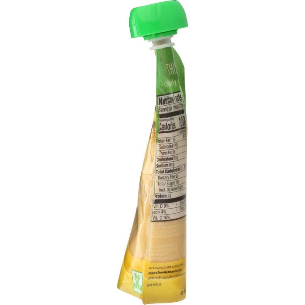 Nutritional label on a squeezable fruit puree pouch with a green cap