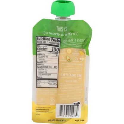 Back of a green and yellow fruit puree pouch showing nutrition facts, gluten free label, and recipe information.