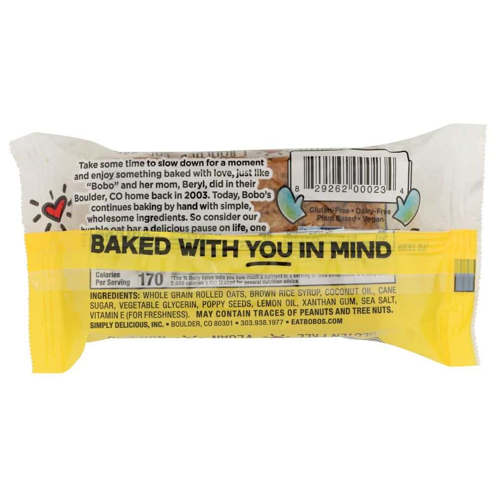 BOBOS OAT BARS Lemon Poppyseed Oat Bar 3 oz packaging and bar displayed