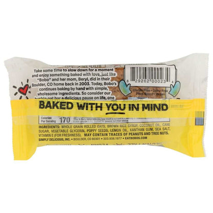 BOBOS OAT BARS Lemon Poppyseed Oat Bar 3 oz packaging and bar displayed