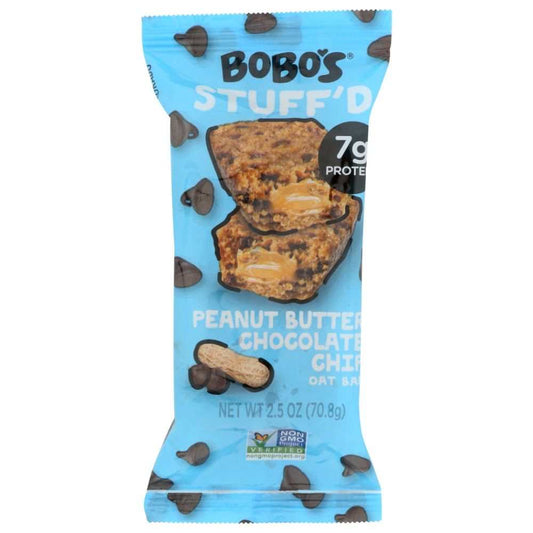 BOBOS OAT BARS chocolate chip peanut butter filled oat bar packaging close-up