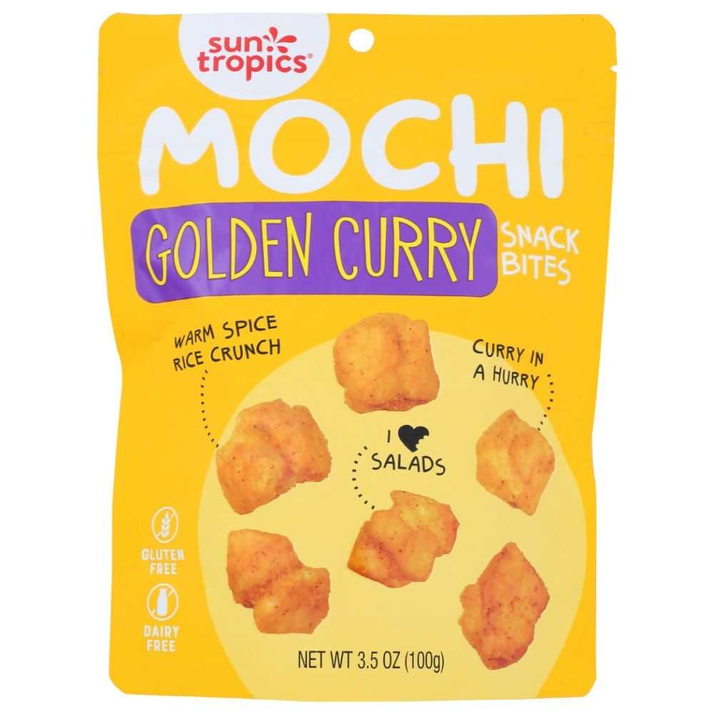 Sun Tropics Mochi Golden Curry Snack Bites gluten-free crunchy rice puffs in resealable bag