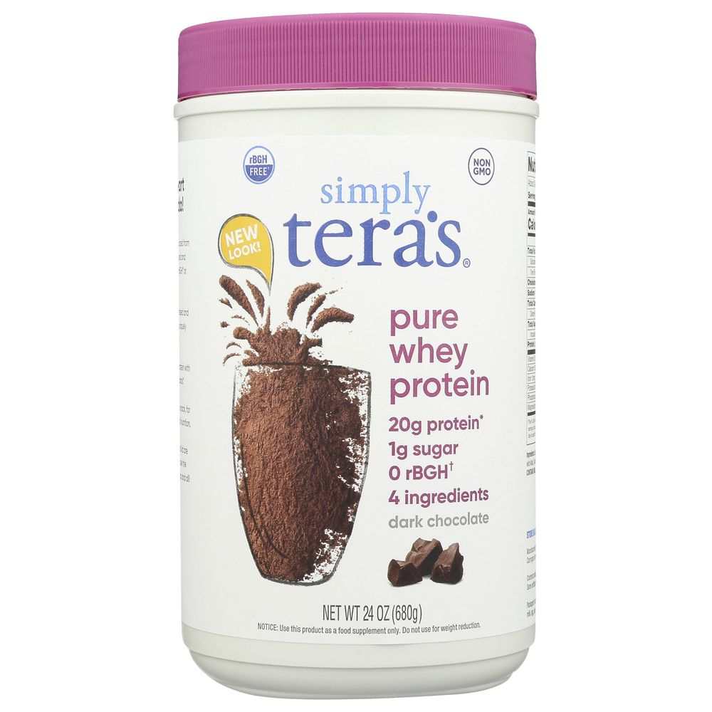 TERA'S WHEY rBGH free fair trade dark chocolate cocoa protein powder package