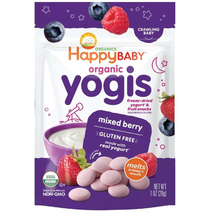 Happy Baby organic yogis mixed berry freeze-dried yogurt and fruit snacks for babies.