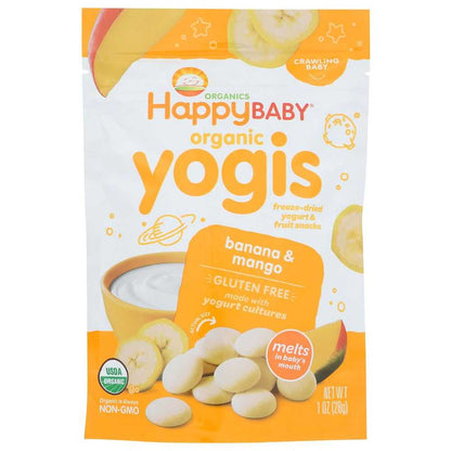 Happy Baby organic yogis banana and mango freeze-dried yogurt fruit snacks pouch