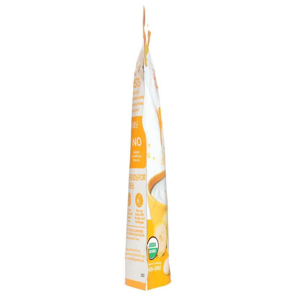 Side view of an organic powdered food product package with USDA organic and non-GMO labels