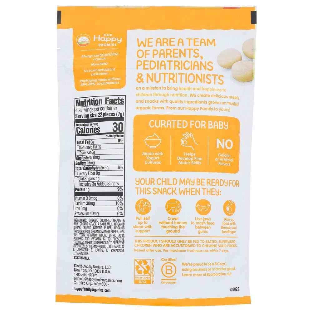 Back of baby snack package showing nutrition facts, ingredients, and feeding guidelines.