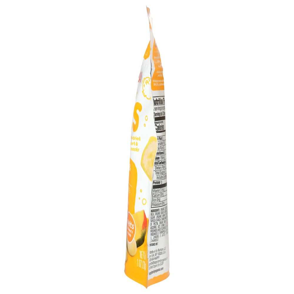 Side view of yellow and white snack packaging with nutrition label and dried fruit images