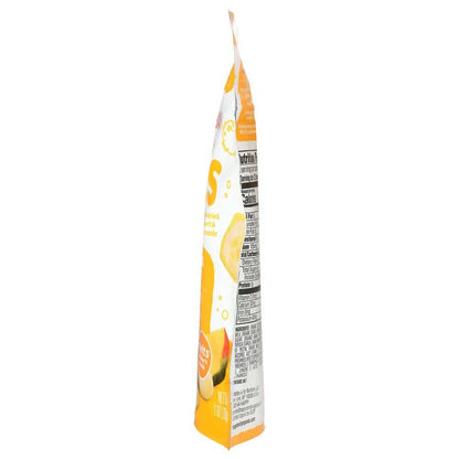 Side view of yellow and white snack packaging with nutrition label and dried fruit images