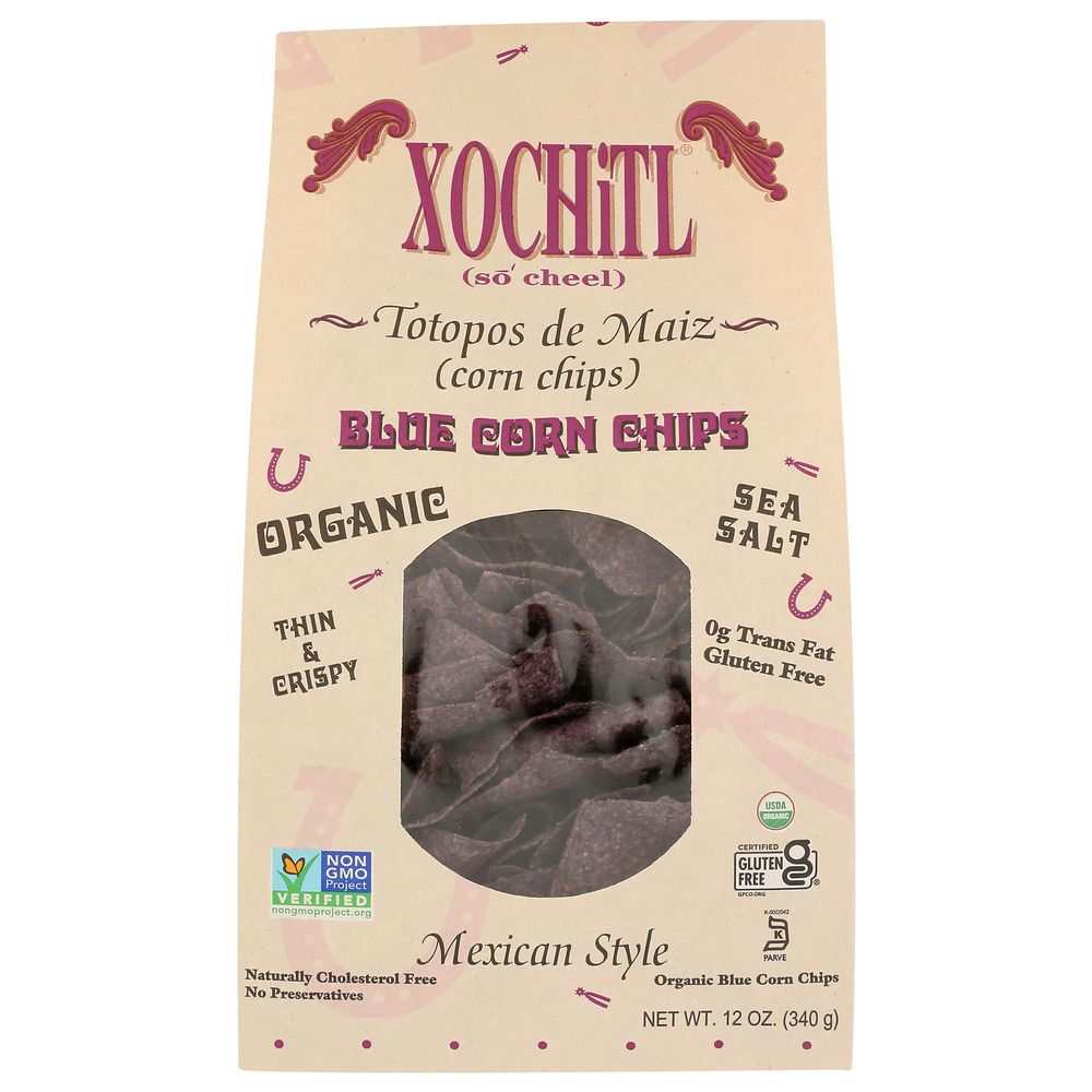 XOCHITL Mexican Style Blue Corn Chips 12 oz bag of organic oven-baked crispy blue corn chips