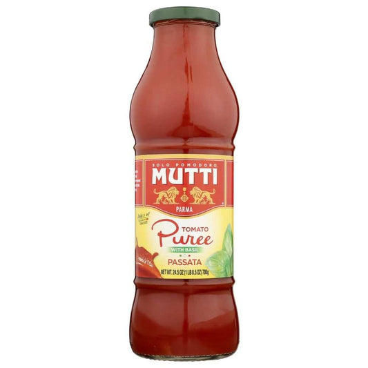 Mutti tomato puree with basil passata 24.5 oz jar bright red smooth texture